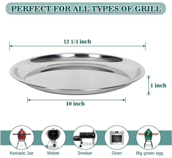12 in Stainless Steel Pizza Pan Perfect for Big Size Green Egg, Kamado Joe, Weber & Acorn Grills & Smokers, Kitchenware Round Roaster Pan, Stainless Steel Drip Pan Reusable & Easy Clean