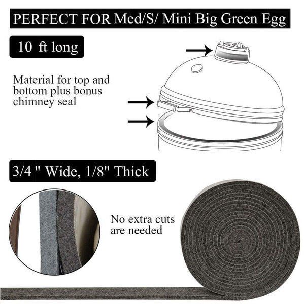 Mydracas High Temp Grill Gasket Replacement Fit Medium/Small/Mini Big Green Egg BBQ Smoker Gasket Pre-Shrunk Accessories Self Stick Felt 10ft Long, 3/4" Wide, 1/8" Thick - mydracas